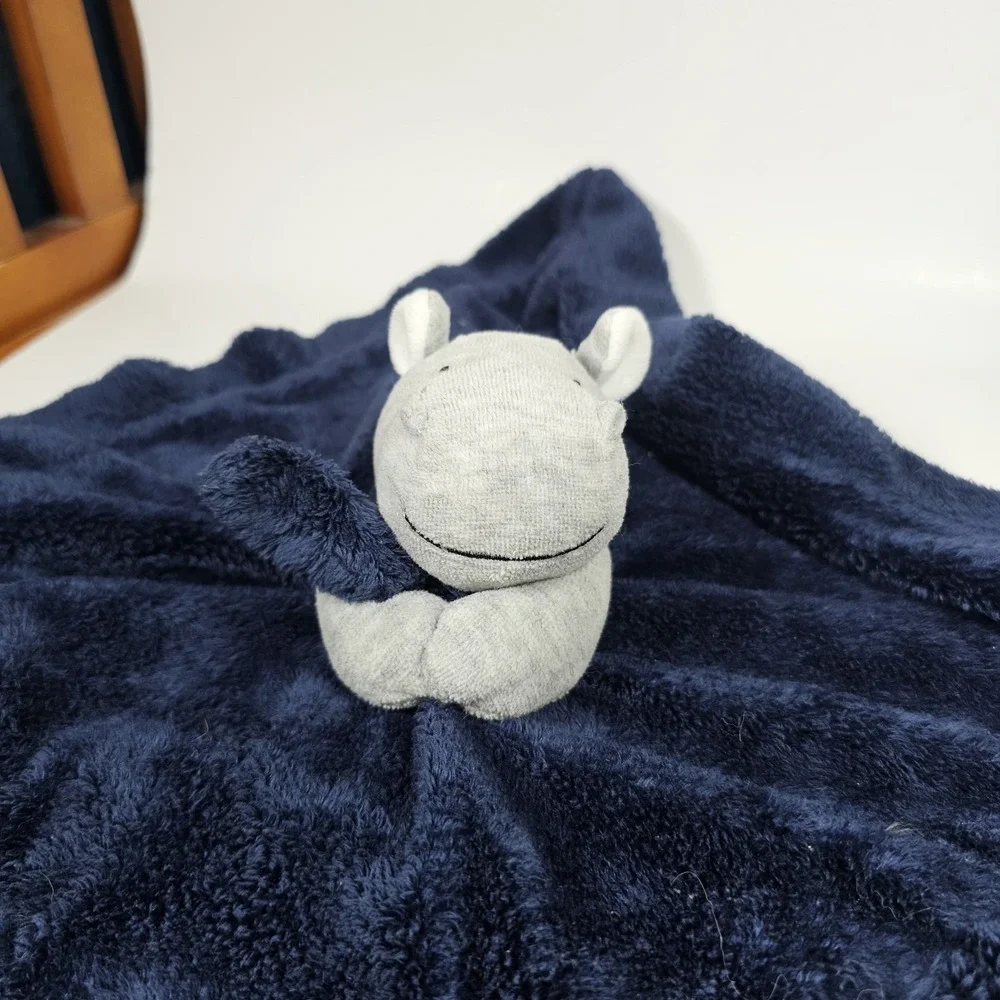 Carters Navy Blue Gray Hippo Baby Soft Satin Back Rattle Security blanket Lovey